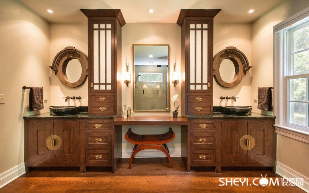 Oriental Style Bathroom Design Ideas with typical Chinese forms of the chair and mirrors