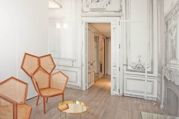 French Apartment Baroque Eclectic Modern Interior Design. White artificially aged wallpaper