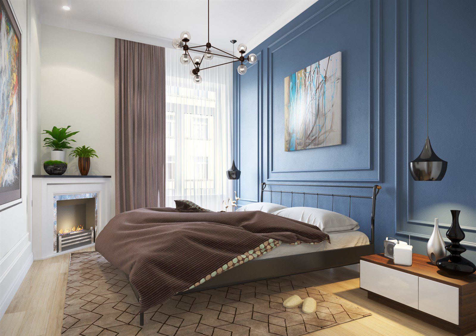 Unusual blue and brown bedroom with combination of styled and artificial fireplace