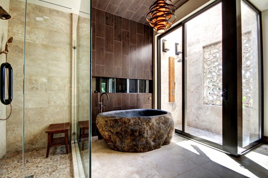 Oriental Style Bathroom Design Ideas with grandeur natural materials notes