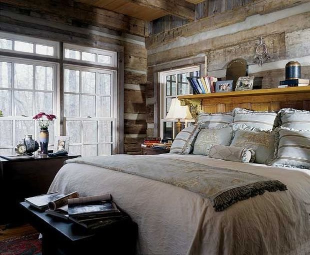 Chic rustic bedroom with wooden finished walls