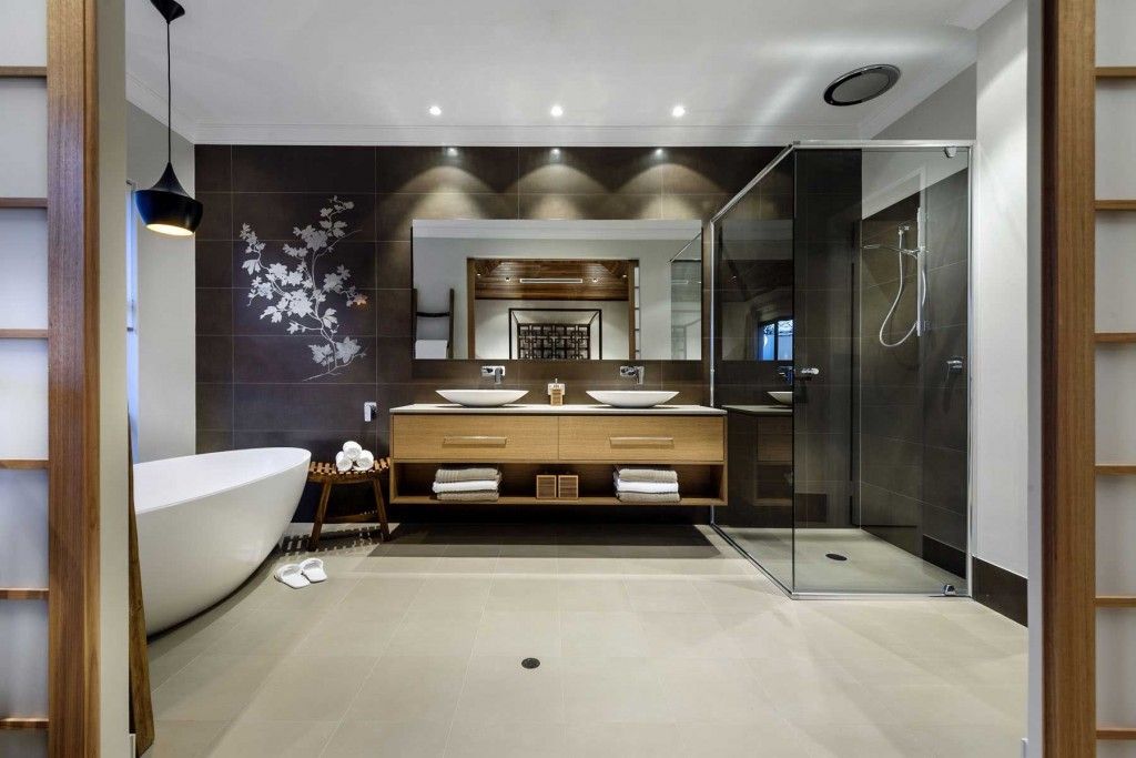 Spacious dark azure bathroom in the oriental style