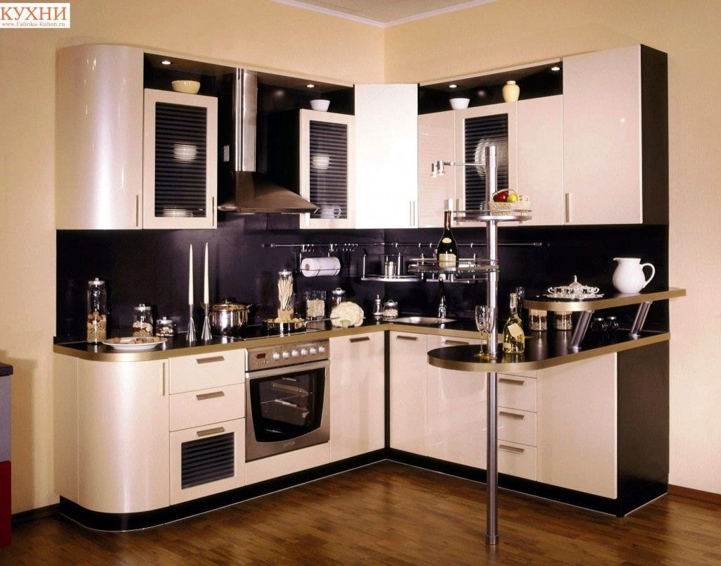 Modern Bar Counter Kitchen Design Ideas. Black and white interior with medium rack