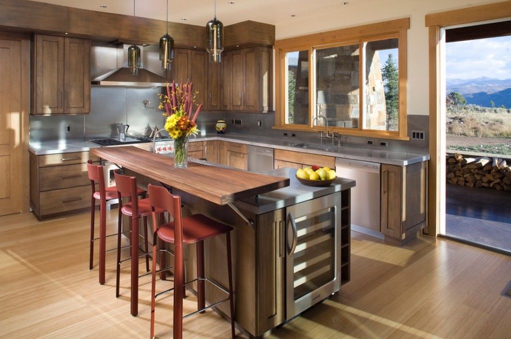 Modern Bar Counter Kitchen Design Ideas. Double countertop in strict corresponding with bar stools height 