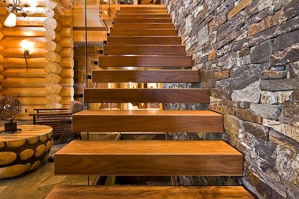 Modern Interior Staircase Materials Photo of the airy wooden stairs without any risers mounted to the wall
