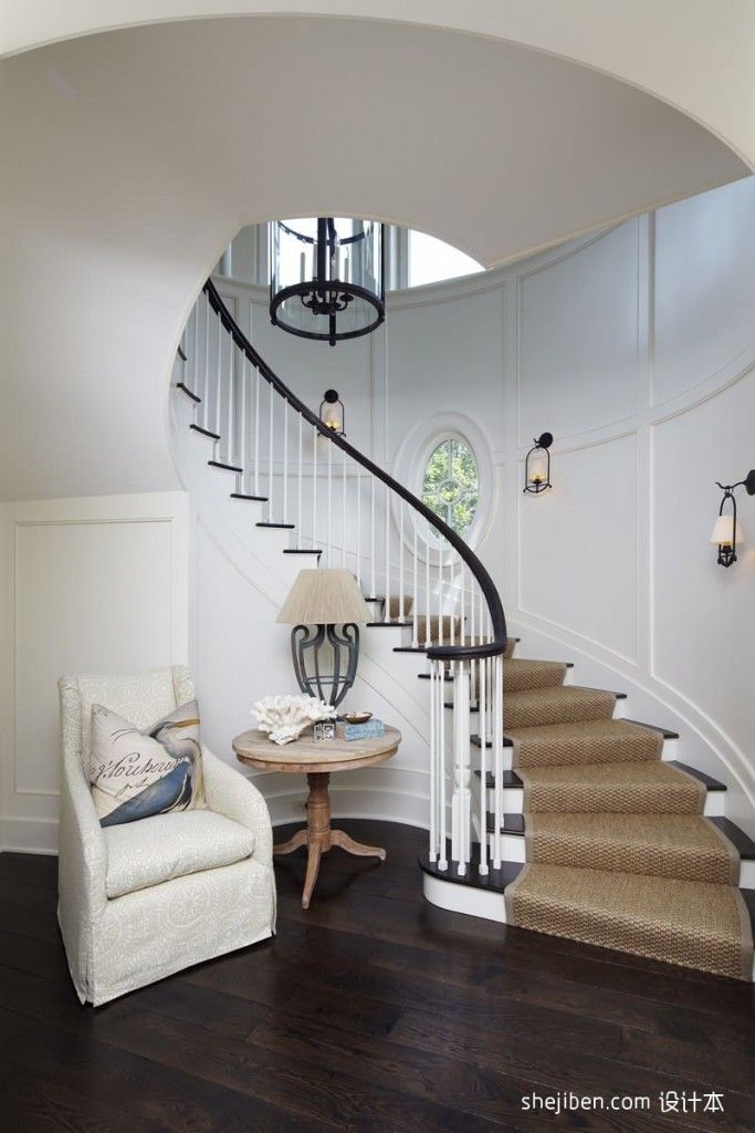 Staircase Modern Constructions Types Design. Cuved stringer of the stairs in the white decorated house