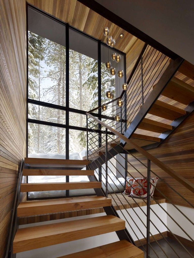 Staircase Modern Constructions Types Design. Unique stairs on rails with landing and a winder near the large window