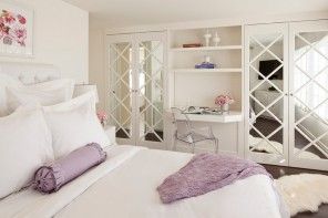 Dream Bedroom Wardrobe Decorating Ideas. Lightwheight minimalistiс women`s boudoir and criss crossed mirror doors of the cabinets