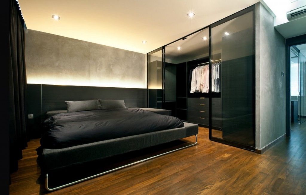 Dream Bedroom Wardrobe Decorating Ideas. Nice black styled bedroom with glass panels separated wardrobe