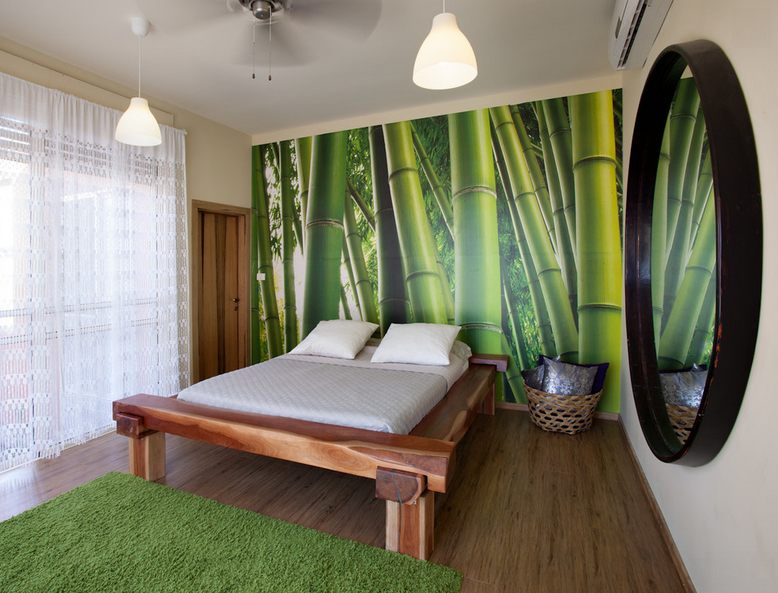 130 Square Feet Bedroom Interior Decoration. Eco design with photo wallpaper