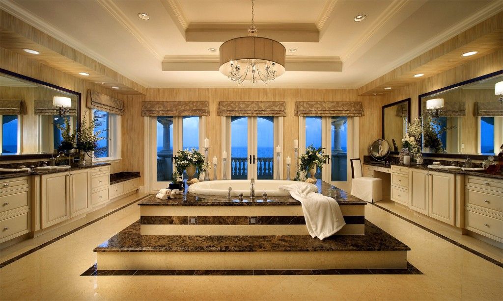 Mediterranean Interior Design Style. Unbelievably chic design in floors levels and expensive dark marble in the spacious bathroom