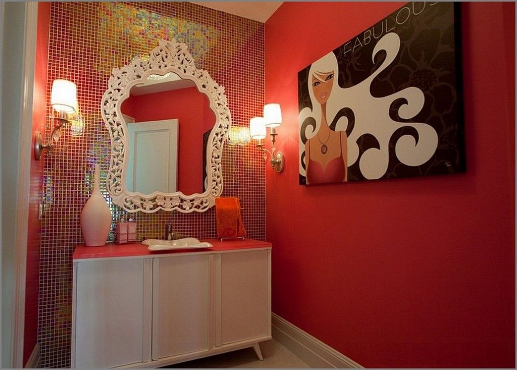 Red Color Interior Design Ideas. Woman`s bathroom decoration