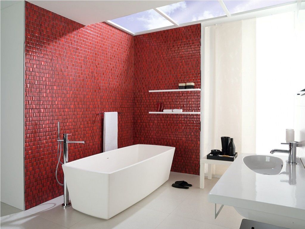 Red Color Interior Design Ideas. Accent walls at the backdrop of white sasnitary ware and furniture