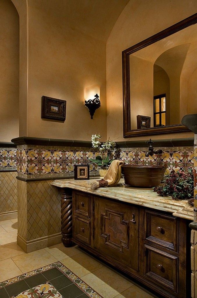 Mediterranean Interior Design Style. Noble wooden arrangement of the bathroom