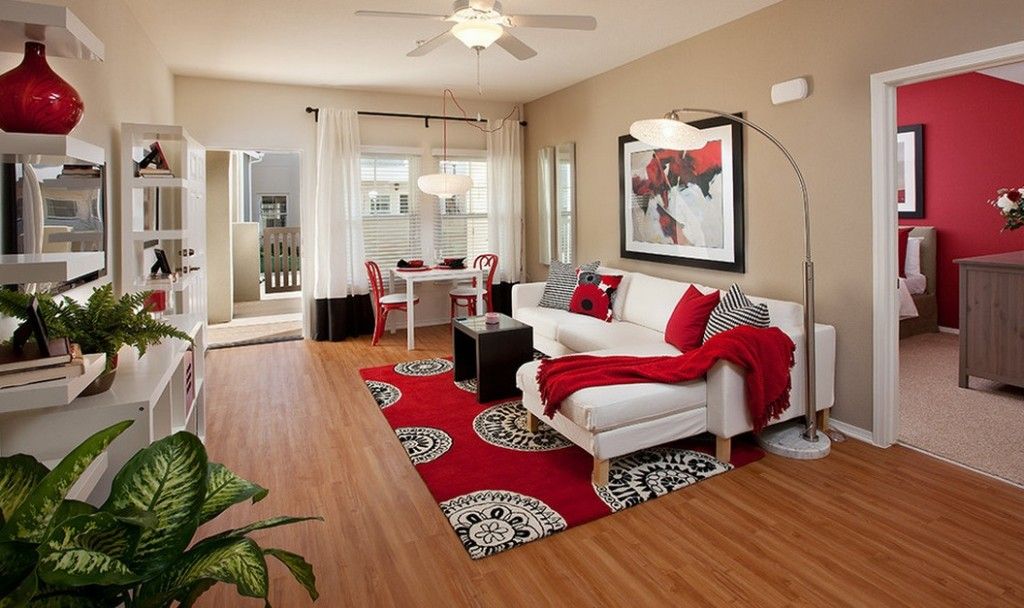 Red Color Interior Design Ideas. Carpet and coverlets in the living room