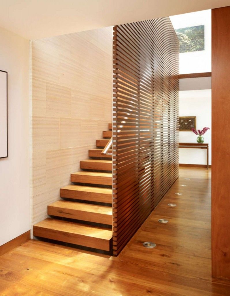 Modern Interior Staircase Materials Photo. Fully wooden staircase in the wooden trimmed interior