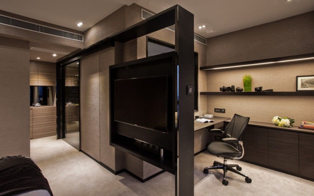 Interior Partitions Room Zoning Design Ideas. Home office in dark tones