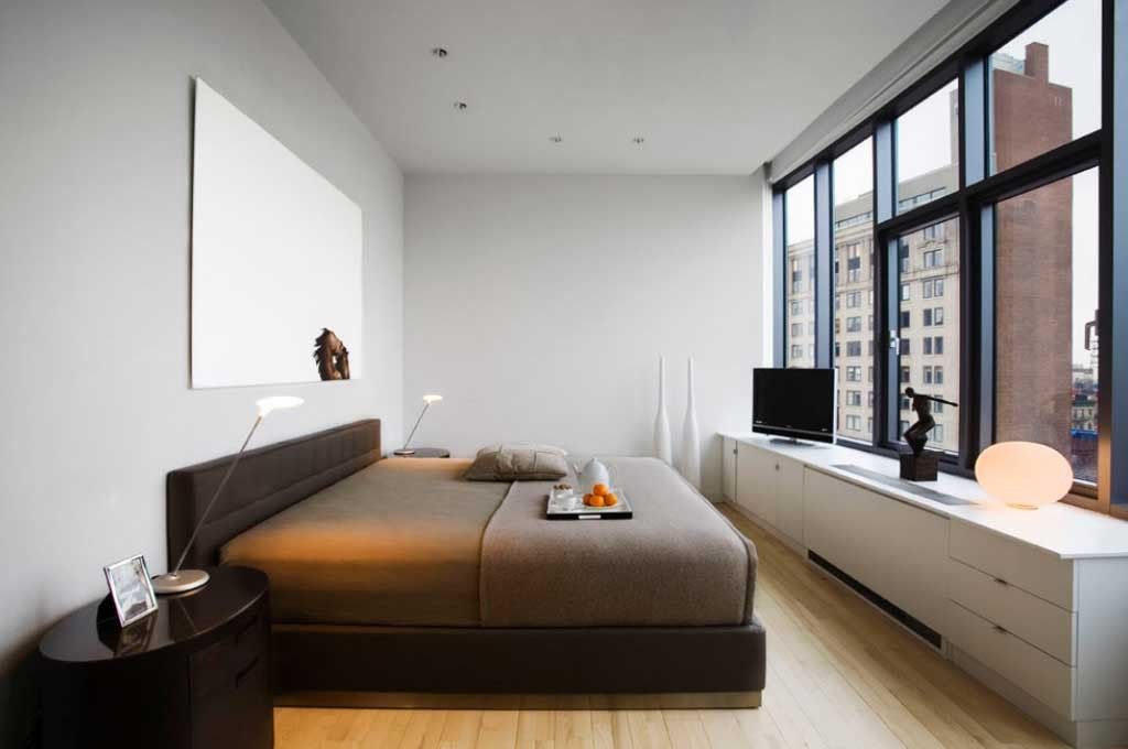 Bedroom Interior Furniture Set Programme Ideas. Dark minimalistic style with figurines and panoramic window