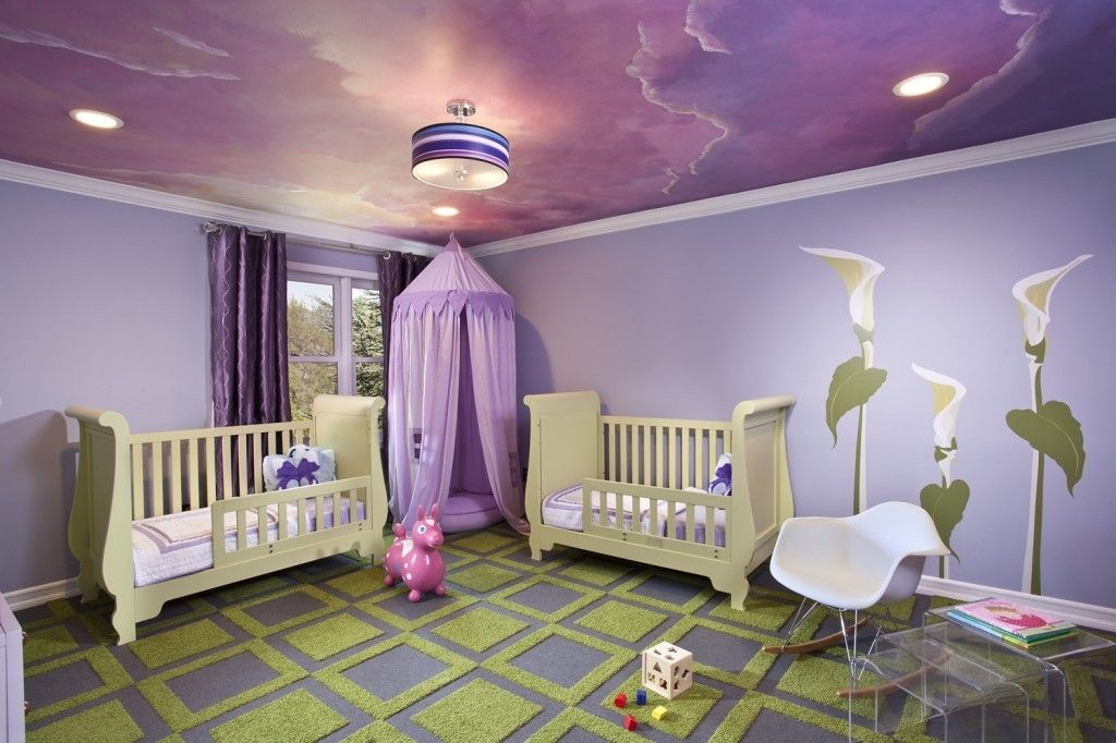 Rugs, Carpet, Carpeting Interior Design Ideas. Purple nursery with two beds