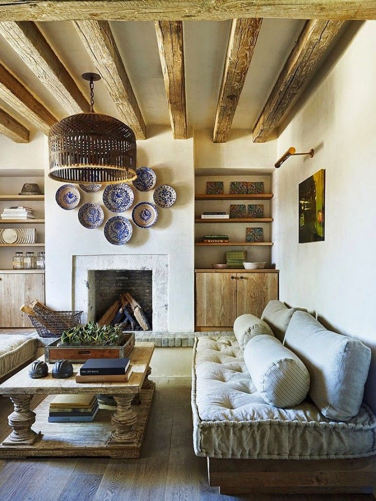 Mediterranean Interior Design Style. Ceiling beams in accordance with carved table and vintage lamp chandelier