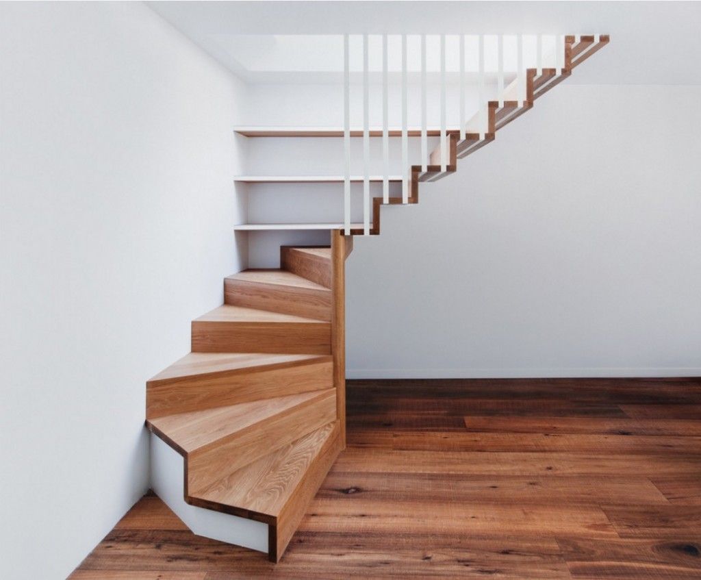 Modern Interior Staircase Materials Photo of original and a little bit strange winder staircase on the ceiling white fasteners