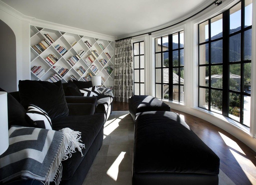 Nice Unusual Bookshelves Interior Decoration. black interior with slatted black window panes