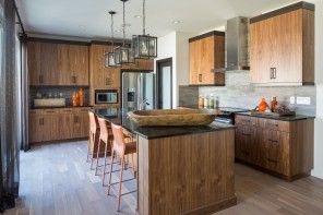 Modern Interior Design Laminate Use. Nice wooden trimmed kitchen of the island layout