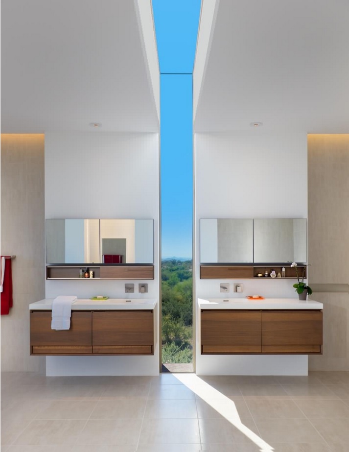 Bathroom Modern Interior Design Original Ideas. Gorgeous futuristic theme in the bathroom divided in two parts by the wall-high narrow glass panel