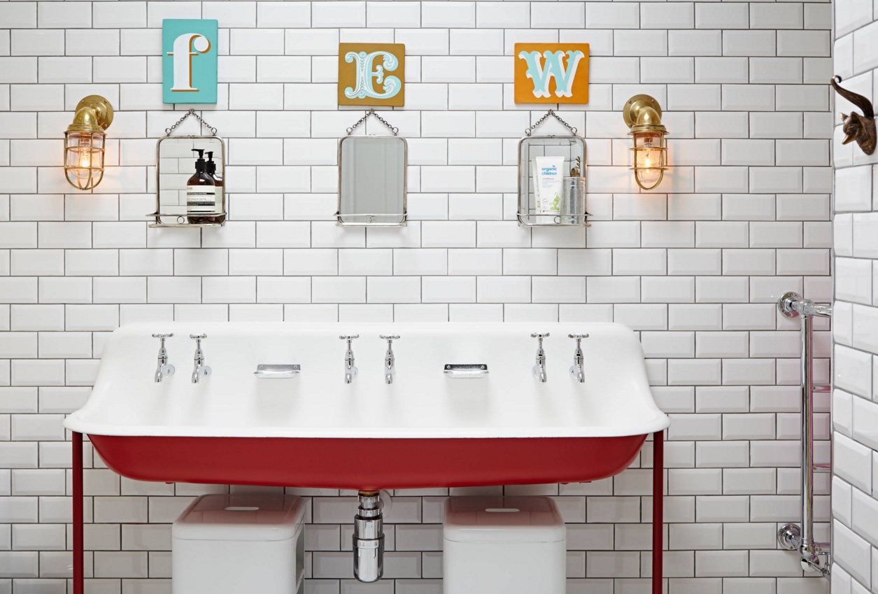 Bathroom Modern Interior Design Original Ideas. Nice combination of the symbols and metro tile as well as red sink for three