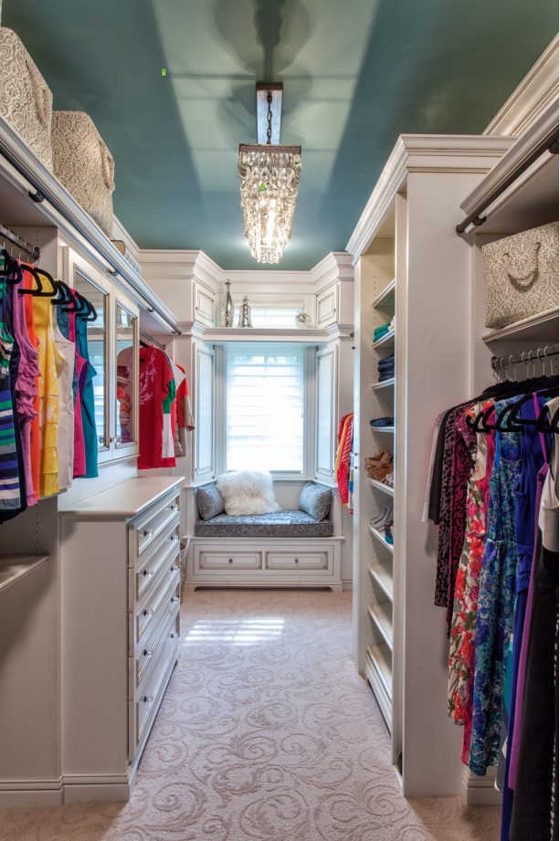 Custom Closet & Shelves & Wardrobe Original Design. Wardrobe with the turquoise ceiling and white furniture in the classic style