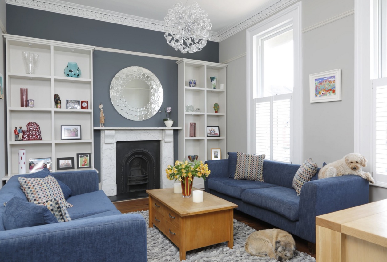 living room with blue decor