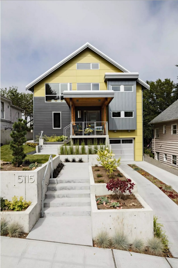 Original House Exterior Design Ideas. Yellow and dark gray color combination in the outside trimming of the village house