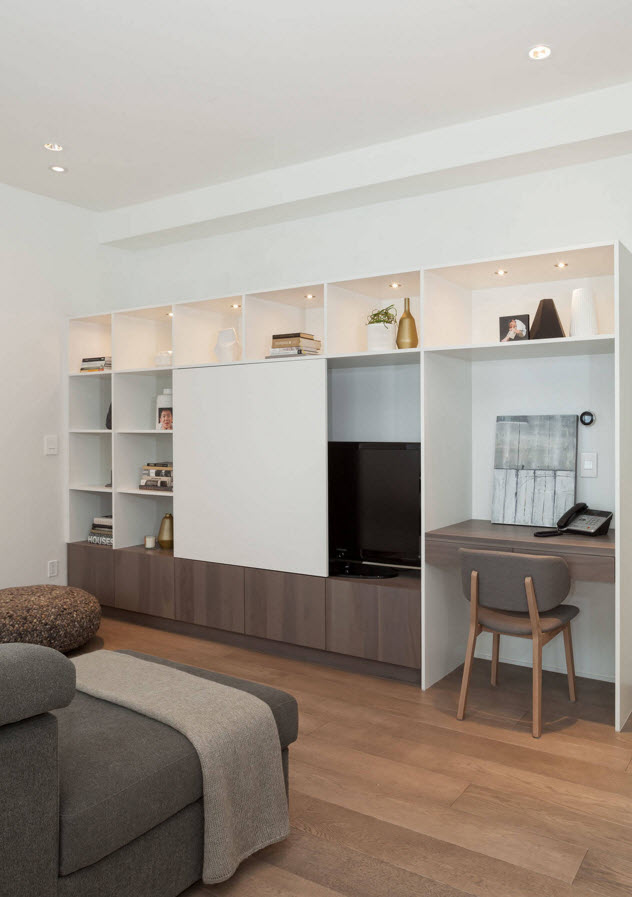 Storage Systems Variety for the Living Room. Nicely done gradient from the lighter or darker shades and the rational use of the small area with the sliding door of the cabinet which can hide the TV or the shelves for storage