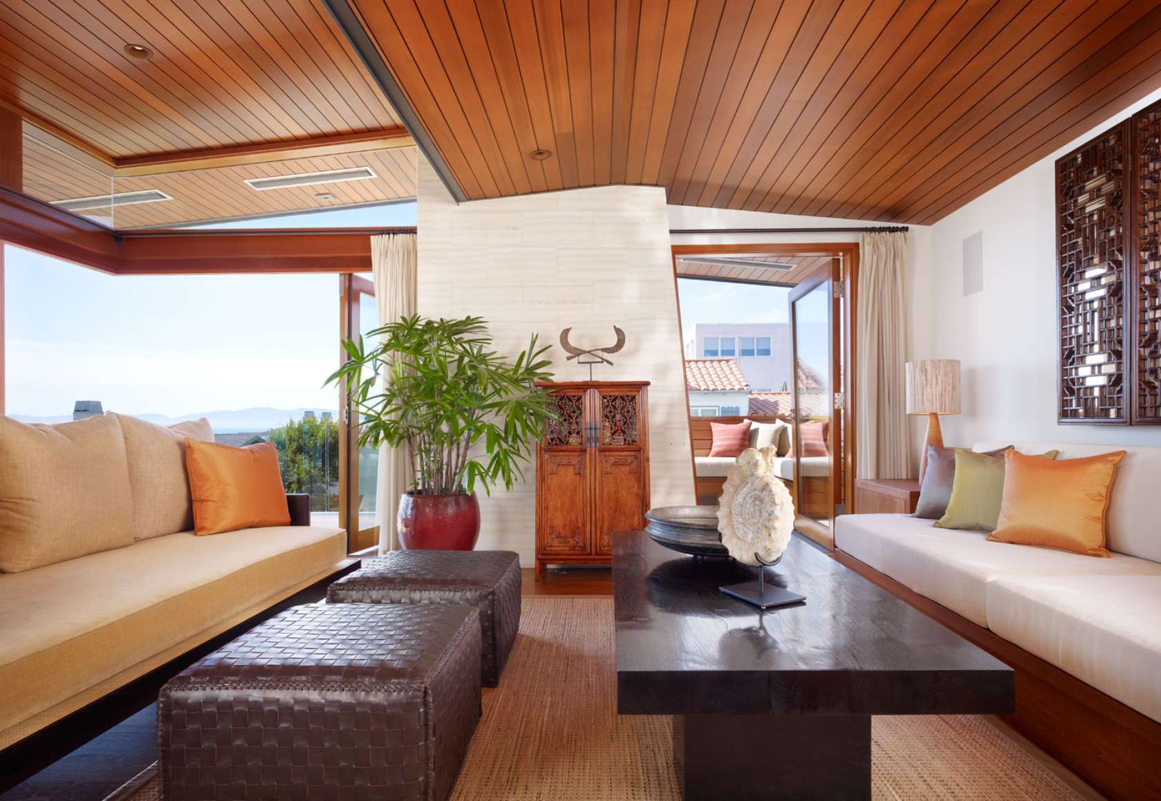 wooden ceiling in living room