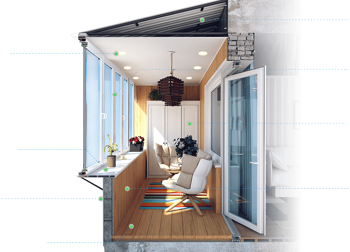 Modern Glazing for Balcony or Loggia. Cutaway view of the functional parts of the balcony