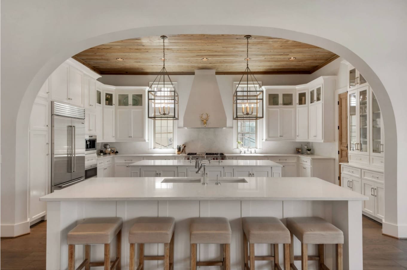 Top 15 Best Wooden Ceiling Design Ideas. Modern interpretation of French Classic in the white colored kitchen
