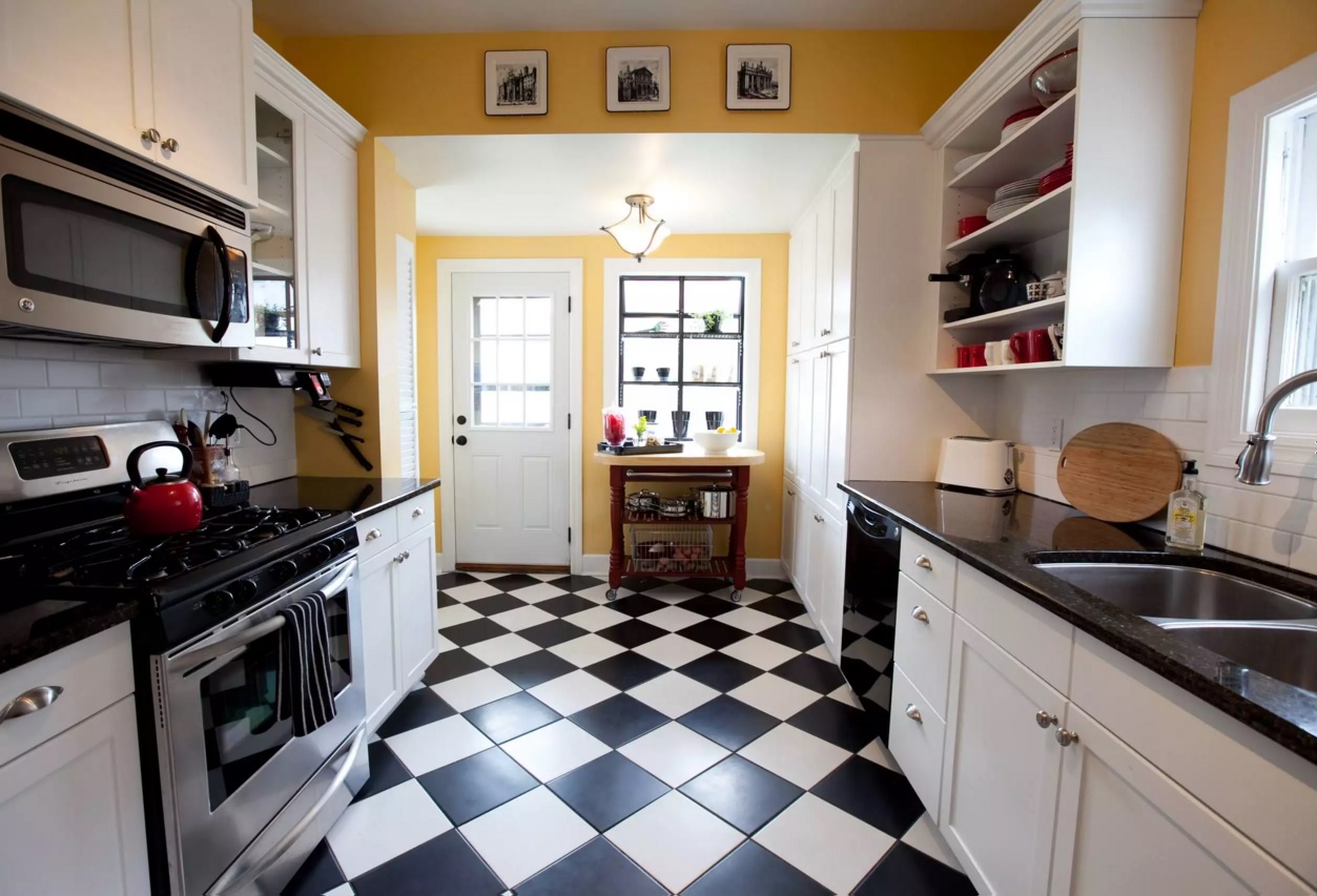 Top Modern Kitchen Flooring Materials. Rhombic Ceramic tile in black and white theme