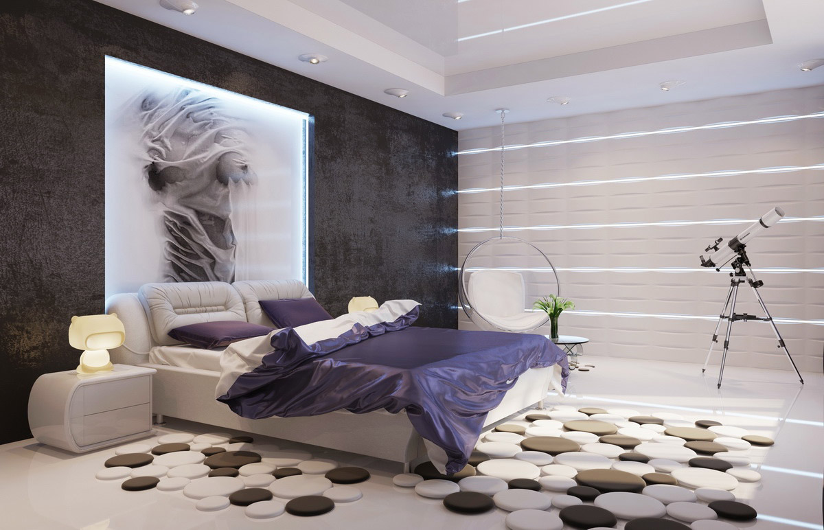 Contemporary Interior Design Style. Unusually decorated bedroom with dark accent wall