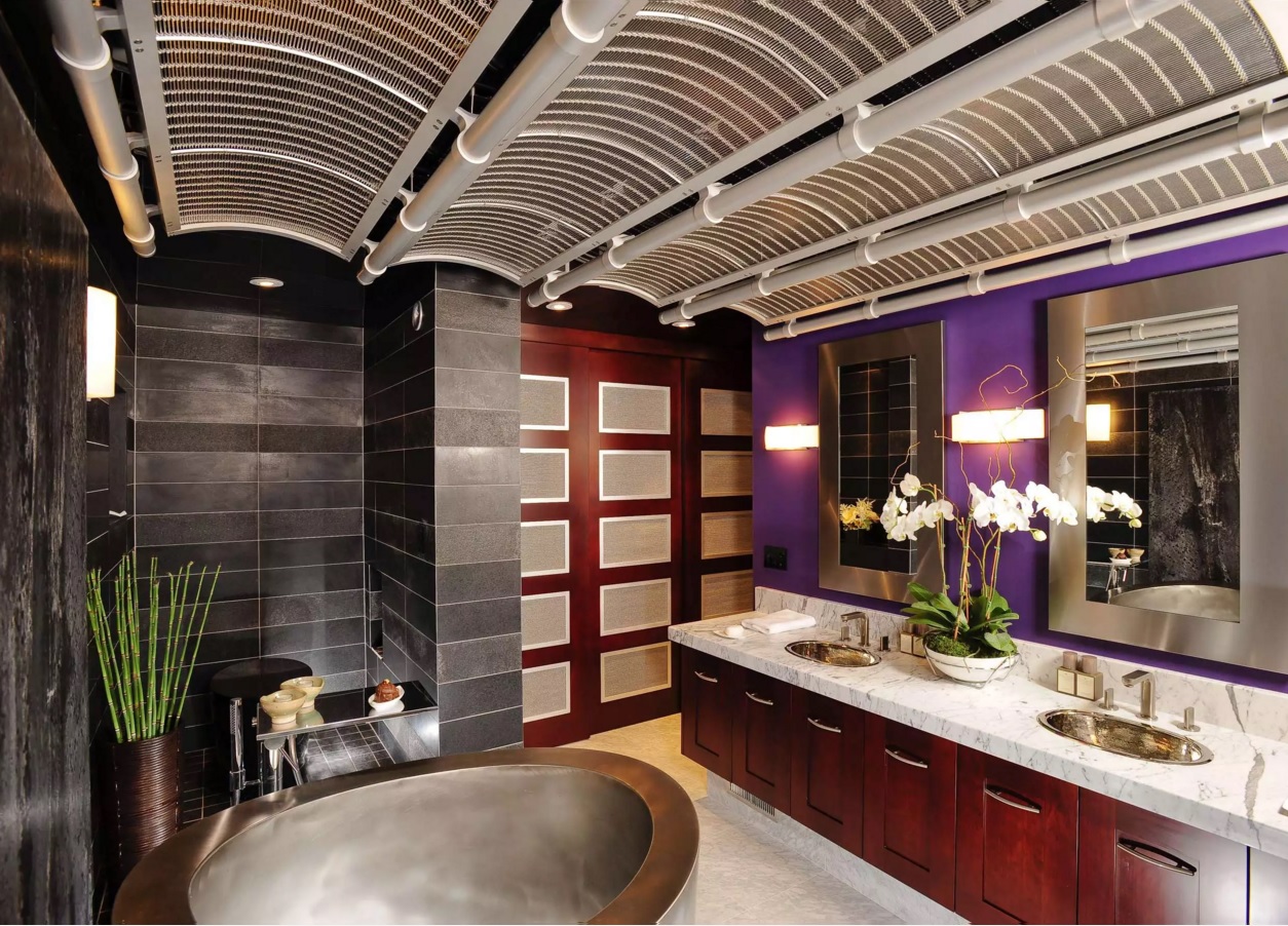 Fusion Interior Design Style. Unusual ceiling arched grid and purple glaossy onlays at the mirror look amazing