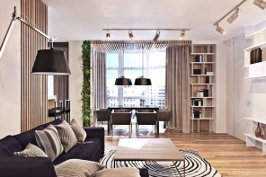 Contemporary Interior Design Style. Bookshelves and focused lighting for the modern space