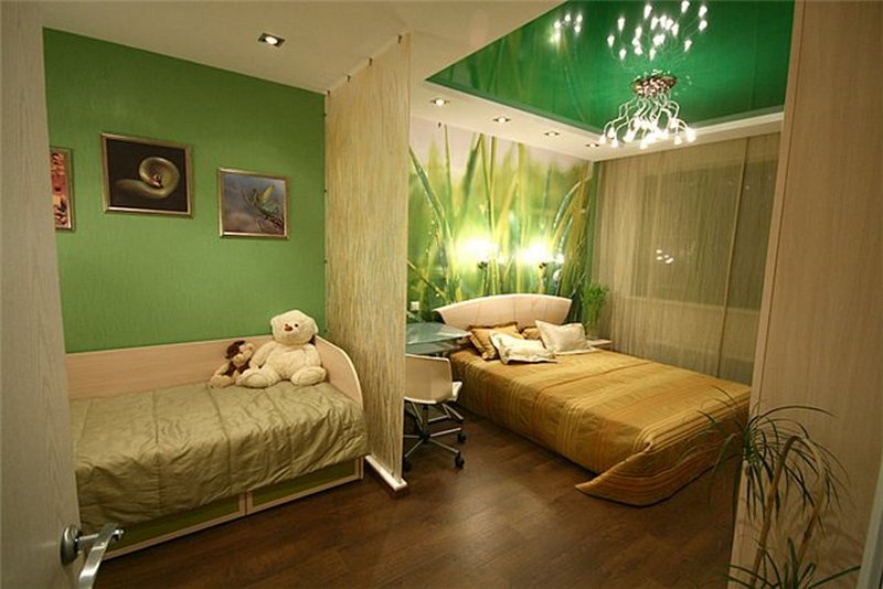 Small Condo Functional Space Ideas. Green style for the two-bed room in one space