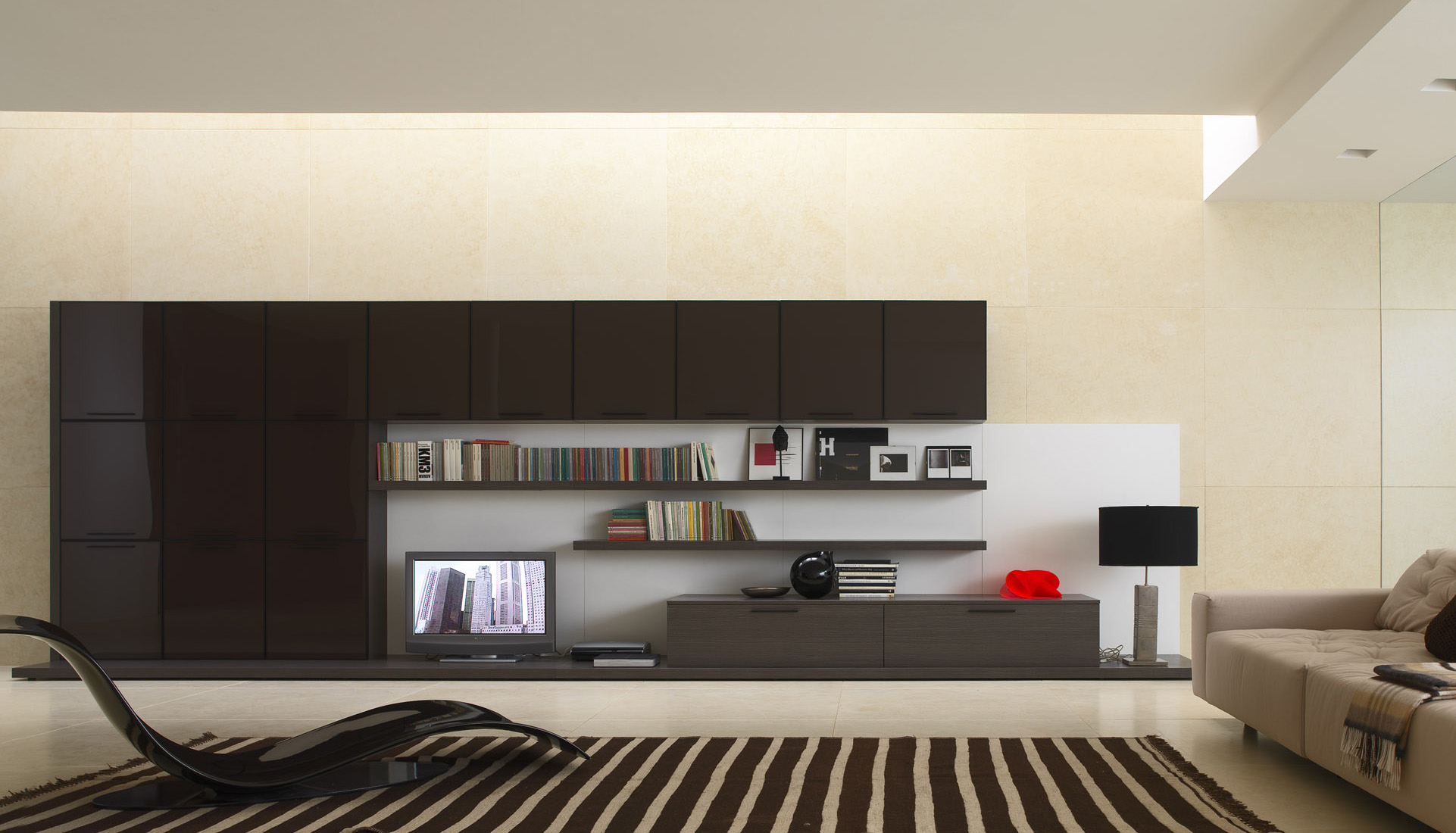 Contemporary Interior Design Style. Brown color theme for the large and minimalistic living