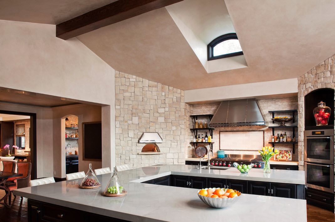 Light trimmed country styled kitchen with skylight