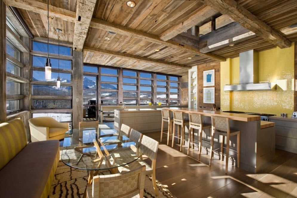 Alpine located ranch house interior full of natural wooden