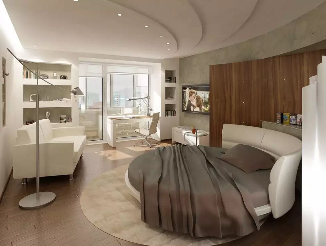 Circle Bed of Unique Bedroom Interior Design. Rounded lines of the ceiling harmonize with the overall atmosphere