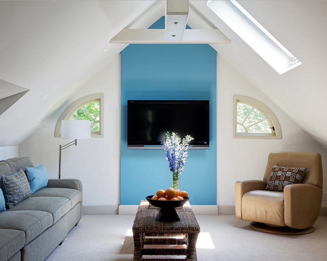 Modern Loft Living Room Design Ideas. TV-set and the blue accent stripe for the originally designed room