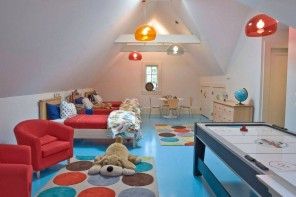 Children's Room Loft Renovation Design Ideas 2016. Nice decoration of the multifunctional space with azure painted floor