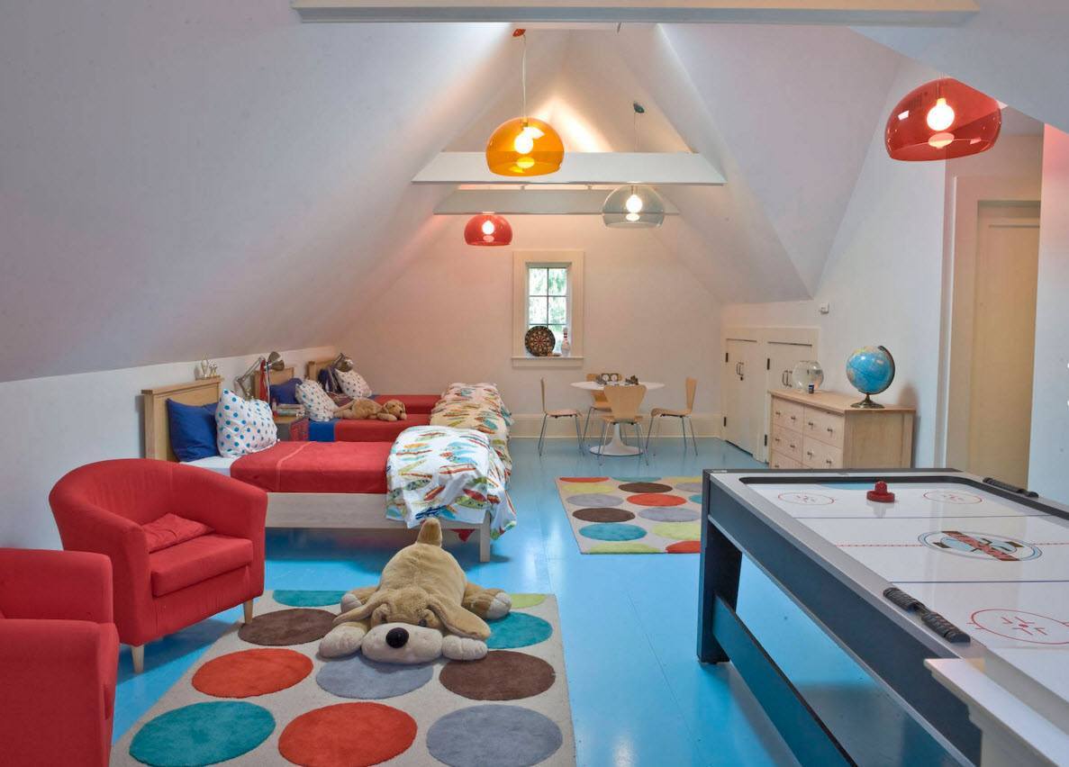 Children's Room Loft Renovation Design Ideas 2016. Nice decoration of the multifunctional space with azure painted floor