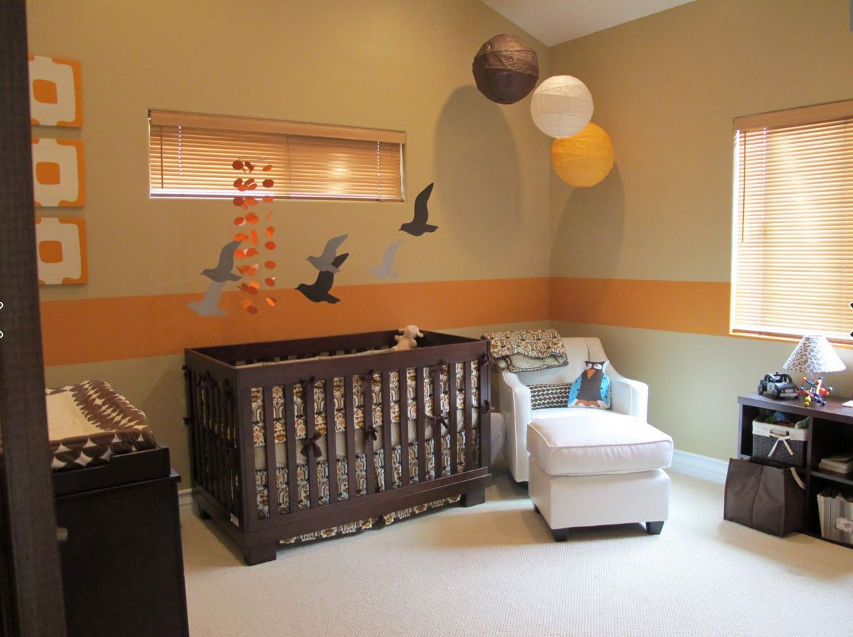 Walnut Furniture for the Modern Interior Decoration. Kids room with wooden newborn crib