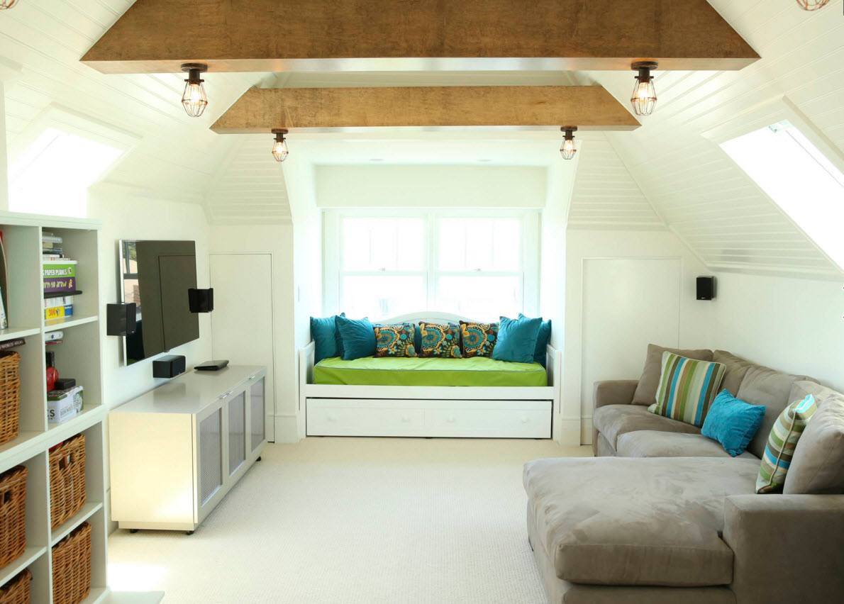 White trimmed room with exposed wooden ceiling beams